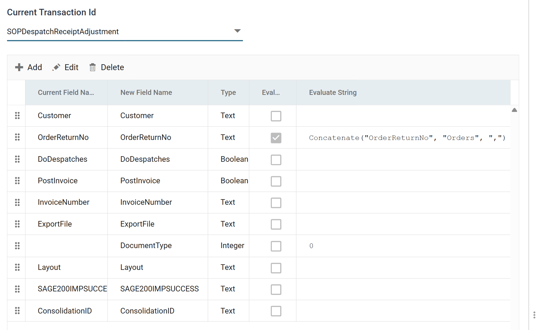 The Map transform's Field Mapping tab: OrderReturnNo evaluating a Concatenate over the Orders transaction, and DocumentType added as an Integer with the value 0