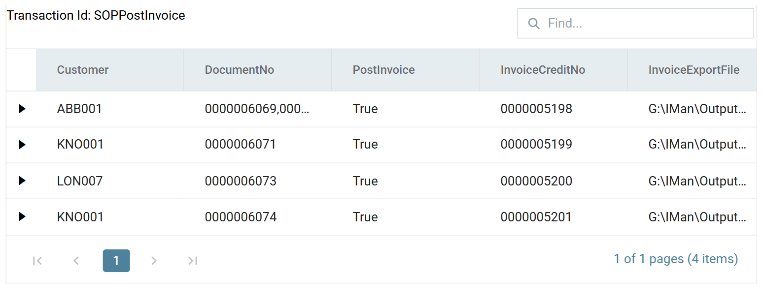 The connector's preview after a refresh: four rows, ABB001 against a DocumentNo holding three comma-separated order numbers and InvoiceCreditNo 0000005198, then KNO001, LON007 and KNO001 each with a single order and their own invoice numbers