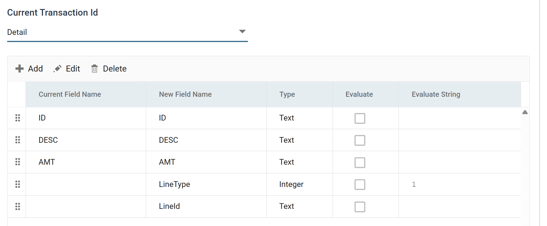 The Map transform's Field Mapping tab on the Detail transaction: ID, DESC and AMT carried through, LineType added as an Integer with the value 1, and LineId added empty