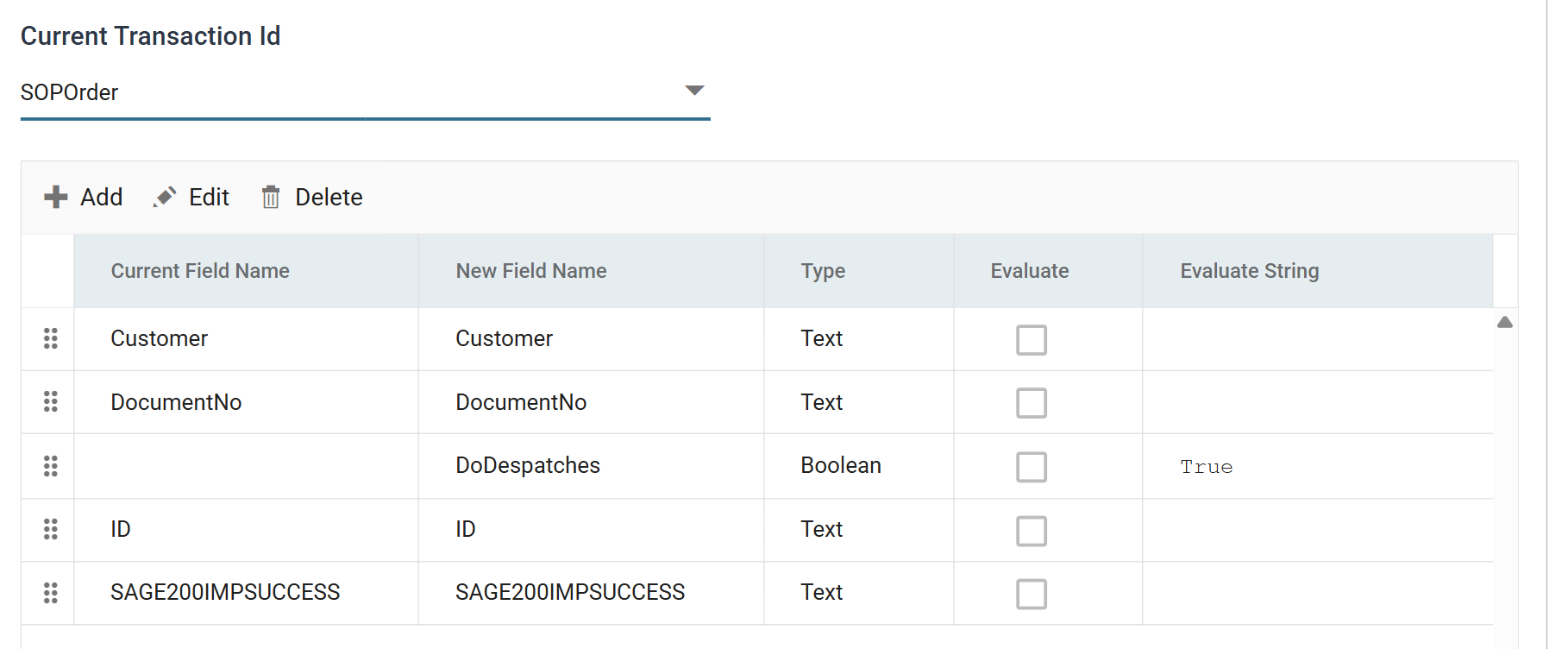 The Map transform's Field Mapping tab on the SOPOrder transaction: Customer, DocumentNo, ID and SAGE200IMPSUCCESS carried through, and DoDespatches added as a Boolean with the value True