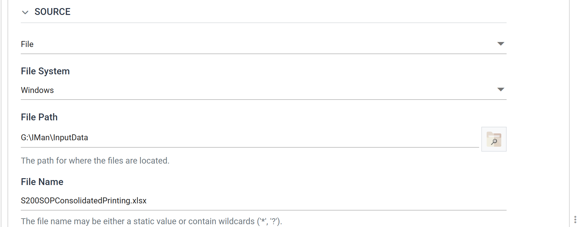 The reader's Setup tab, Source section: File, File System Windows, File Path G:\IMan\InputData, File Name S200SOPConsolidatedPrinting.xlsx
