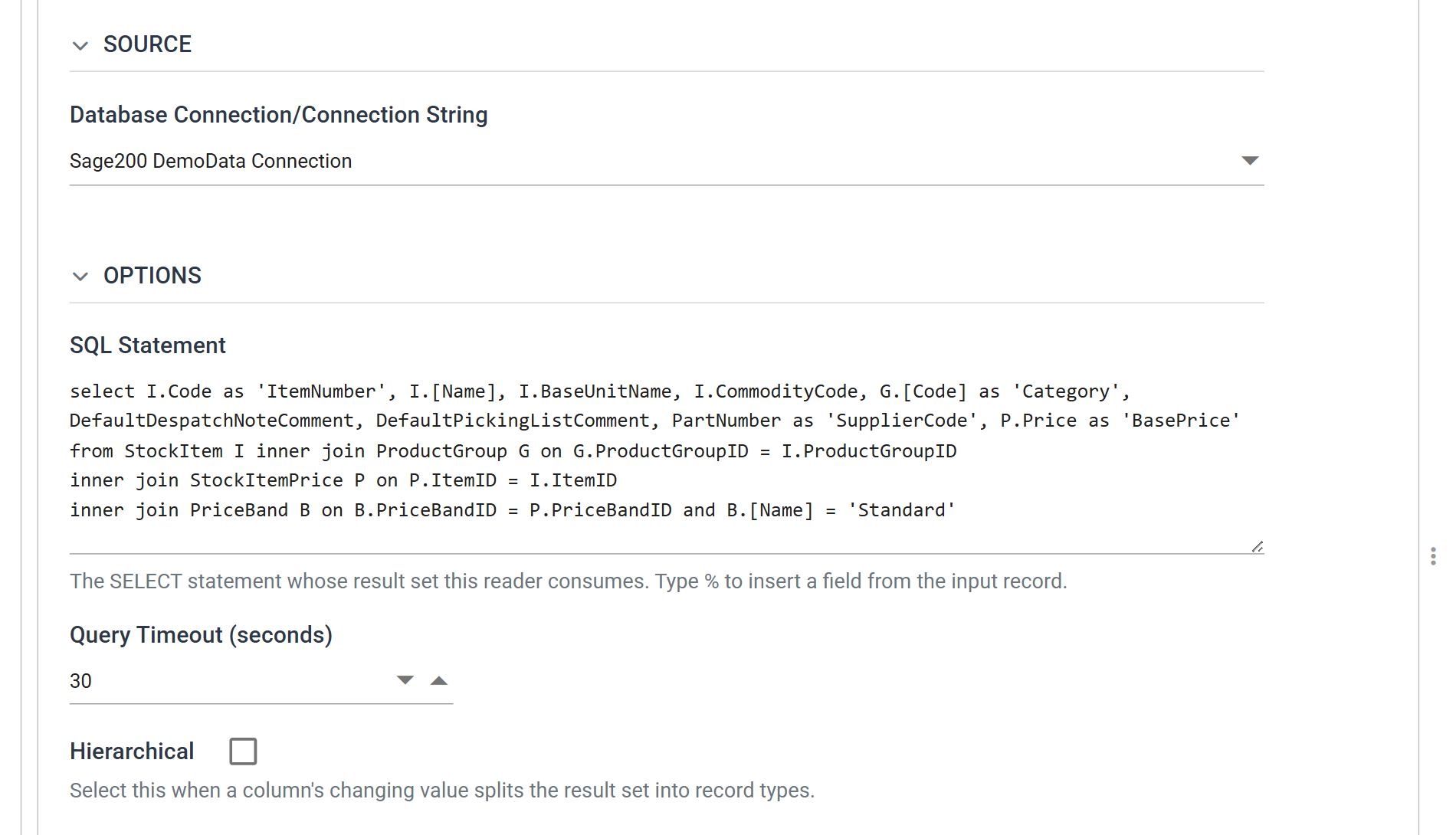 The database reader's Setup tab: Database Connection set to Sage200 DemoData Connection, and an SQL Statement selecting item code, name, base unit, commodity code, product group, comments, part number and price from StockItem joined to ProductGroup, StockItemPrice and PriceBand where the price band name is Standard