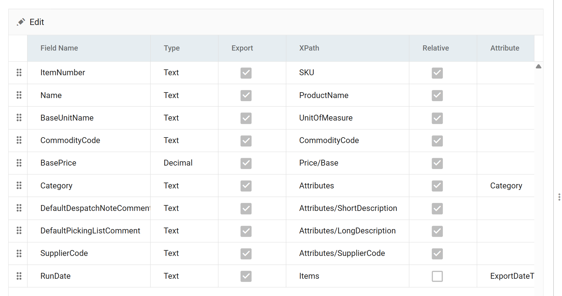The XML writer's Field Mapping tab: a grid of Field Name, Type, Export, XPath, Relative and Attribute, mapping ItemNumber to SKU, Name to ProductName, BaseUnitName to UnitOfMeasure, BasePrice to Price/Base, Category to the Attributes element as the Category attribute, the two comment fields to Attributes/ShortDescription and Attributes/LongDescription, and RunDate to Items as the ExportDateTime attribute with Relative unticked