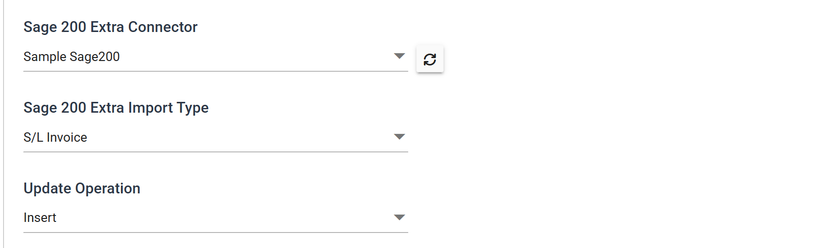 The Sage 200 connector's Setup tab: Sage 200 Extra Connector set to Sample Sage200, Sage 200 Extra Import Type set to S/L Invoice, and Update Operation set to Insert