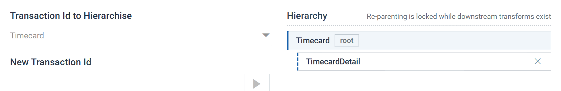 The Hierarchy transform's Field Mapping tab: Transaction Id to Hierarchise set to Timecard on the left, and on the right a Hierarchy tree showing Timecard marked root with TimecardDetail indented beneath it