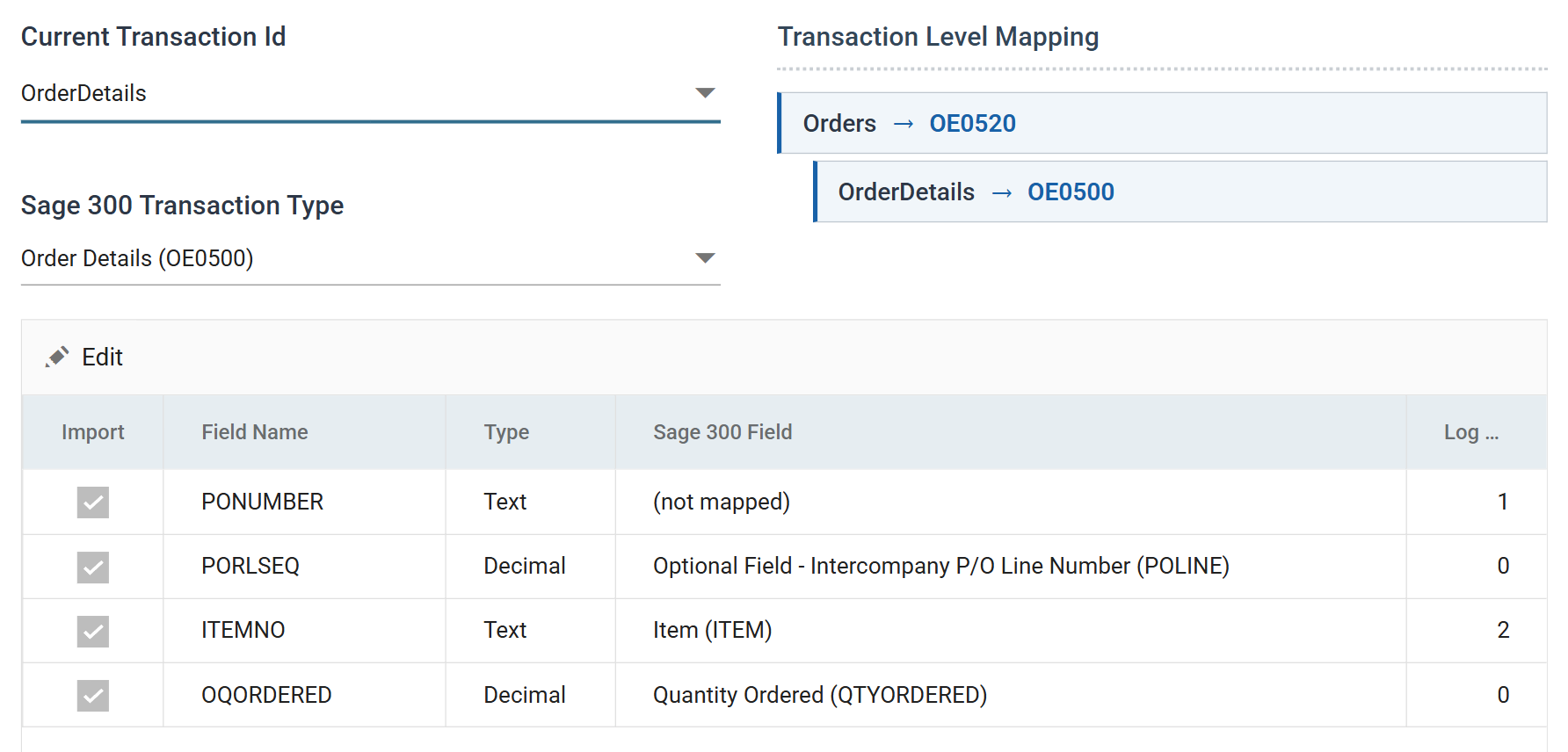 The connector's Field Mapping tab on the OrderDetails transaction: PORLSEQ mapped to Optional Field - Intercompany P/O Line Number (POLINE), ITEMNO to Item (ITEM), OQORDERED to Quantity Ordered (QTYORDERED), and PONUMBER not mapped