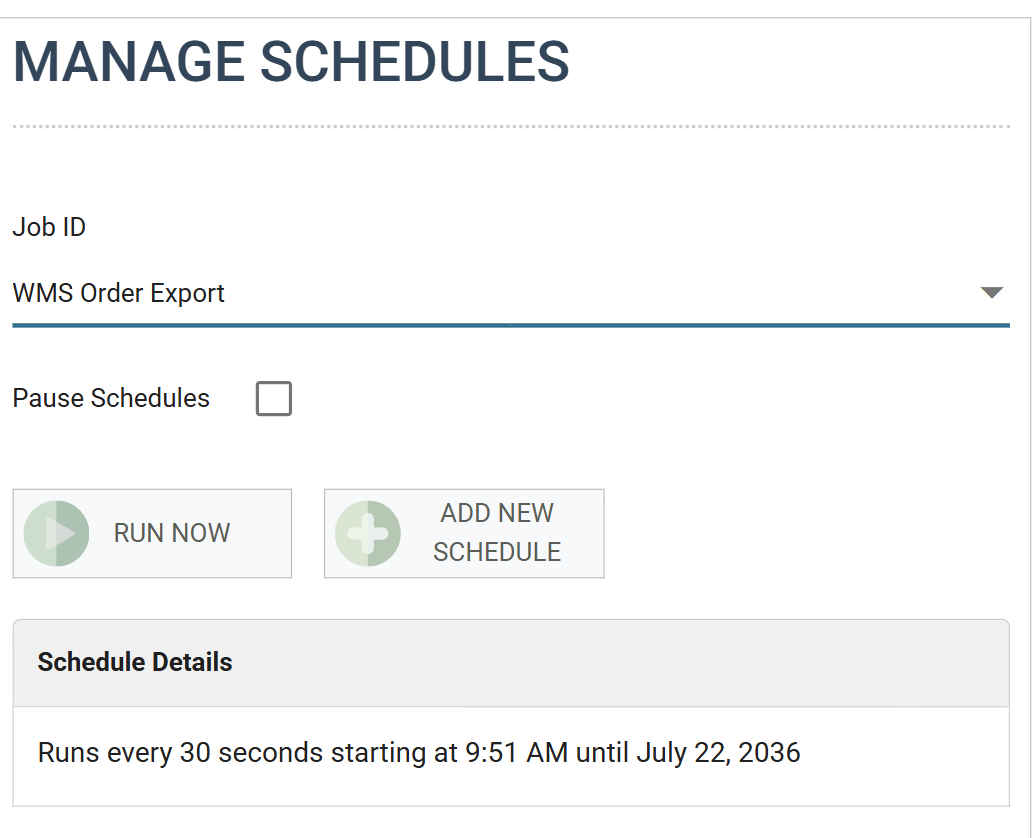 The Manage Schedules screen: a Job ID drop-down with a Pause Schedules check box beneath it, the Run Now and Add New Schedule buttons, and the Schedule Details panel below them
