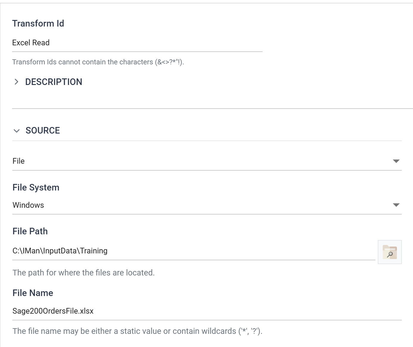 The Setup tab: Transform Id set to Excel Read, and the Source section with the data source, file system, path and file name