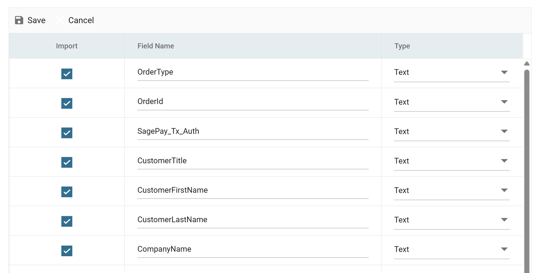 The field grid in edit mode, with the Type column editable