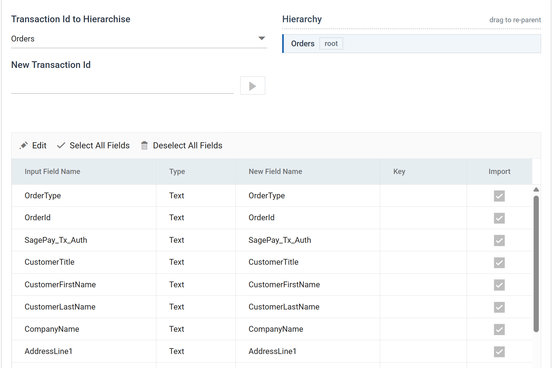 The Field Mapping tab: Transaction Id to Hierarchise set to Orders, the Hierarchy panel showing Orders as root, and the field grid