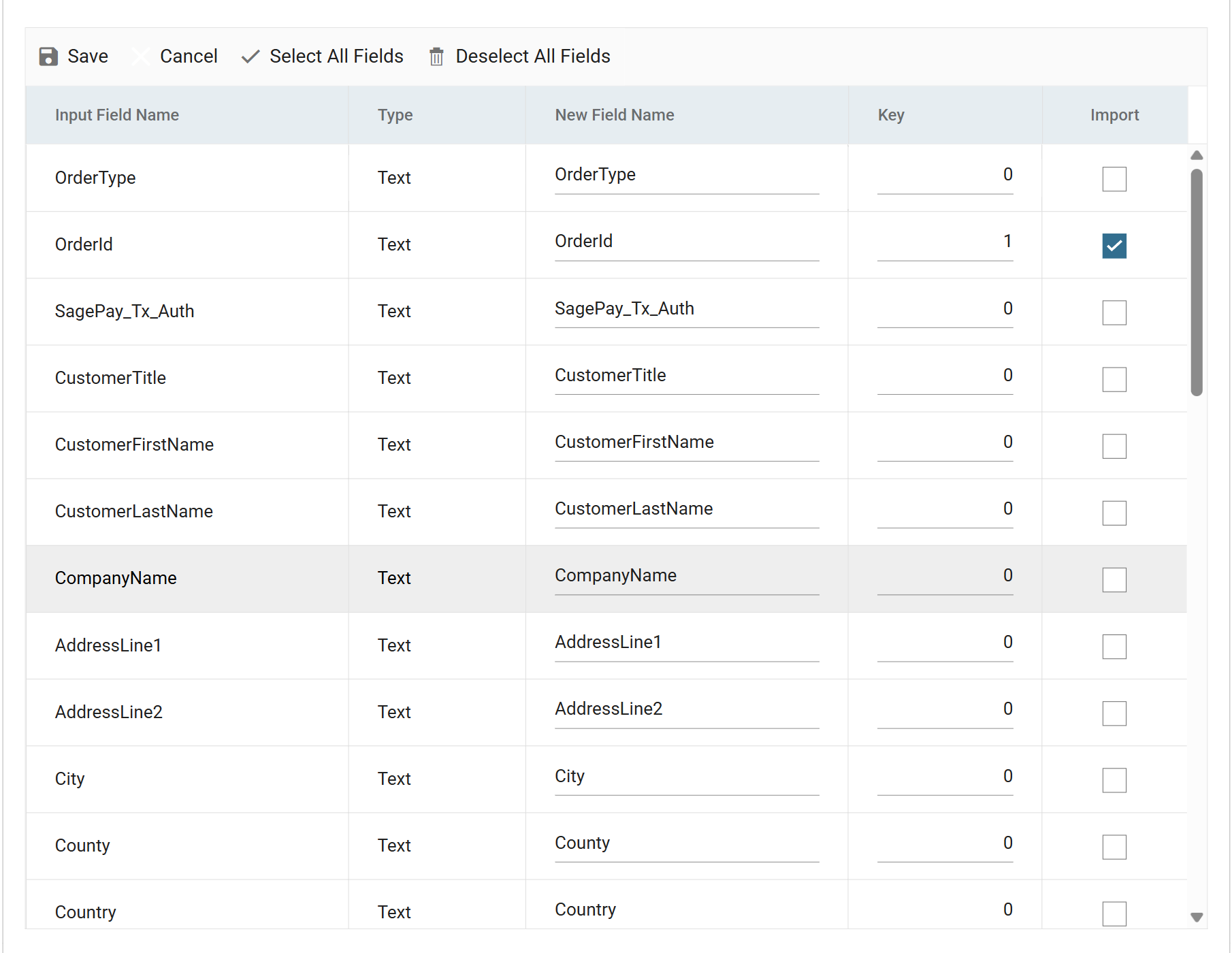 The detail field list, scrolled to the top, with OrderId ticked and its Key set to 1
