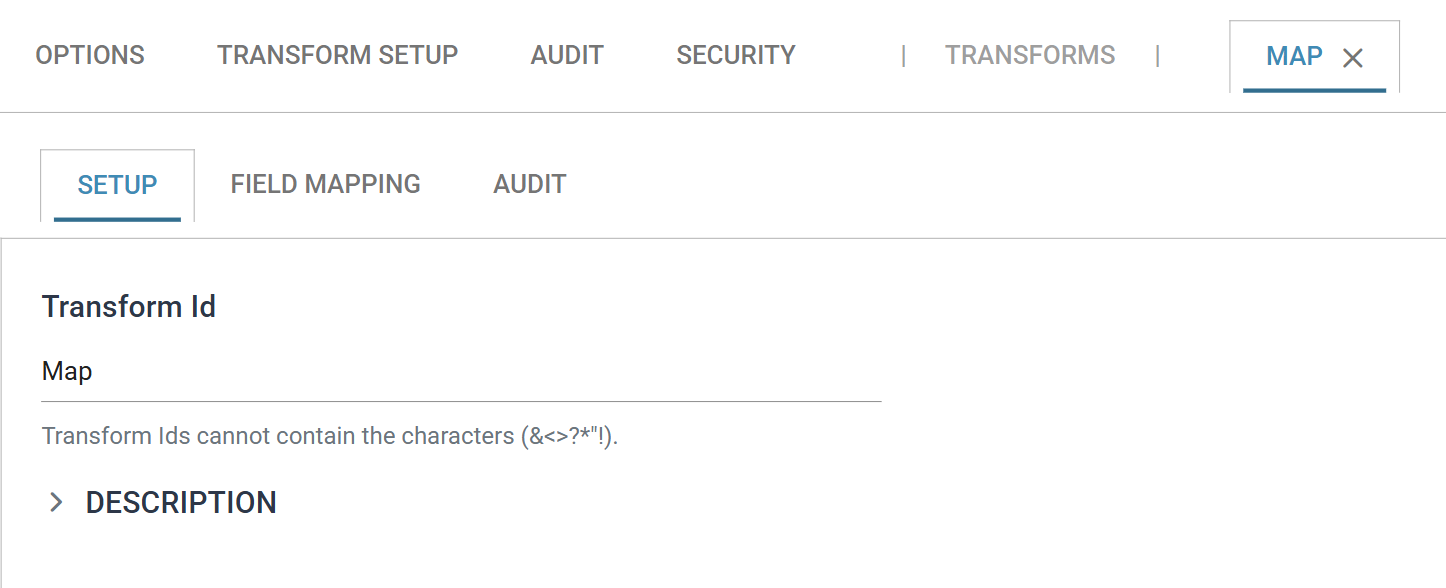 The Map transform open on its Setup tab, showing the Transform Id and the Field Mapping tab beside it
