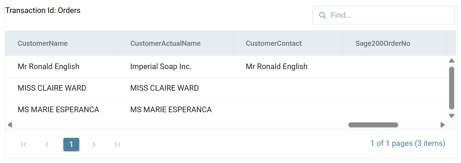The preview scrolled right, showing CustomerName, CustomerActualName, CustomerContact and Sage200OrderNo for the three orders