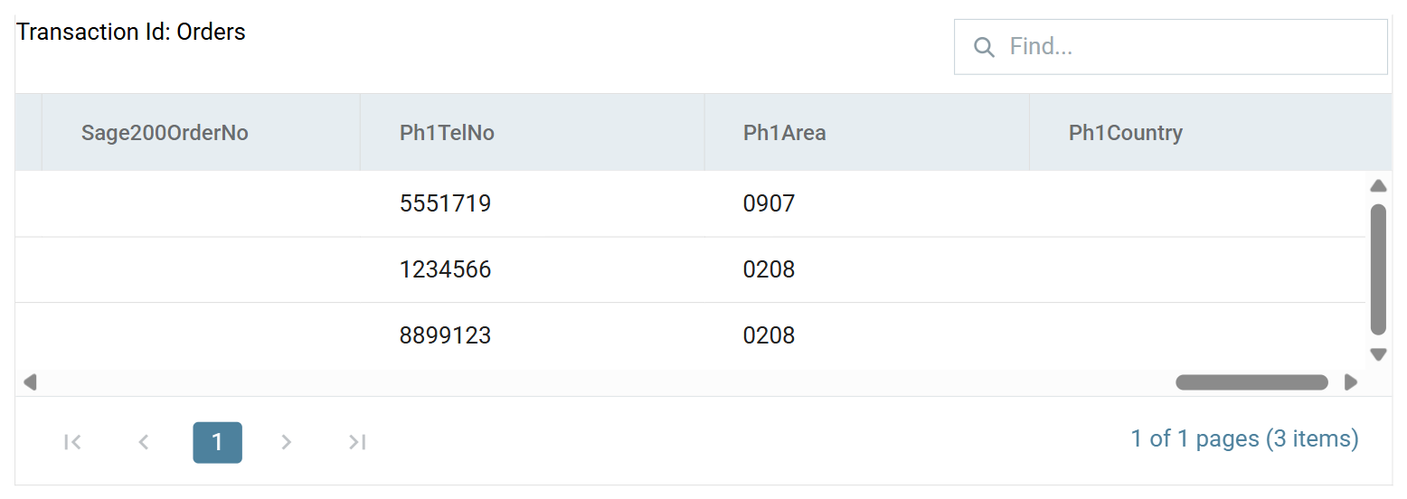 The preview scrolled further right, showing Sage200OrderNo, Ph1TelNo, Ph1Area and Ph1Country
