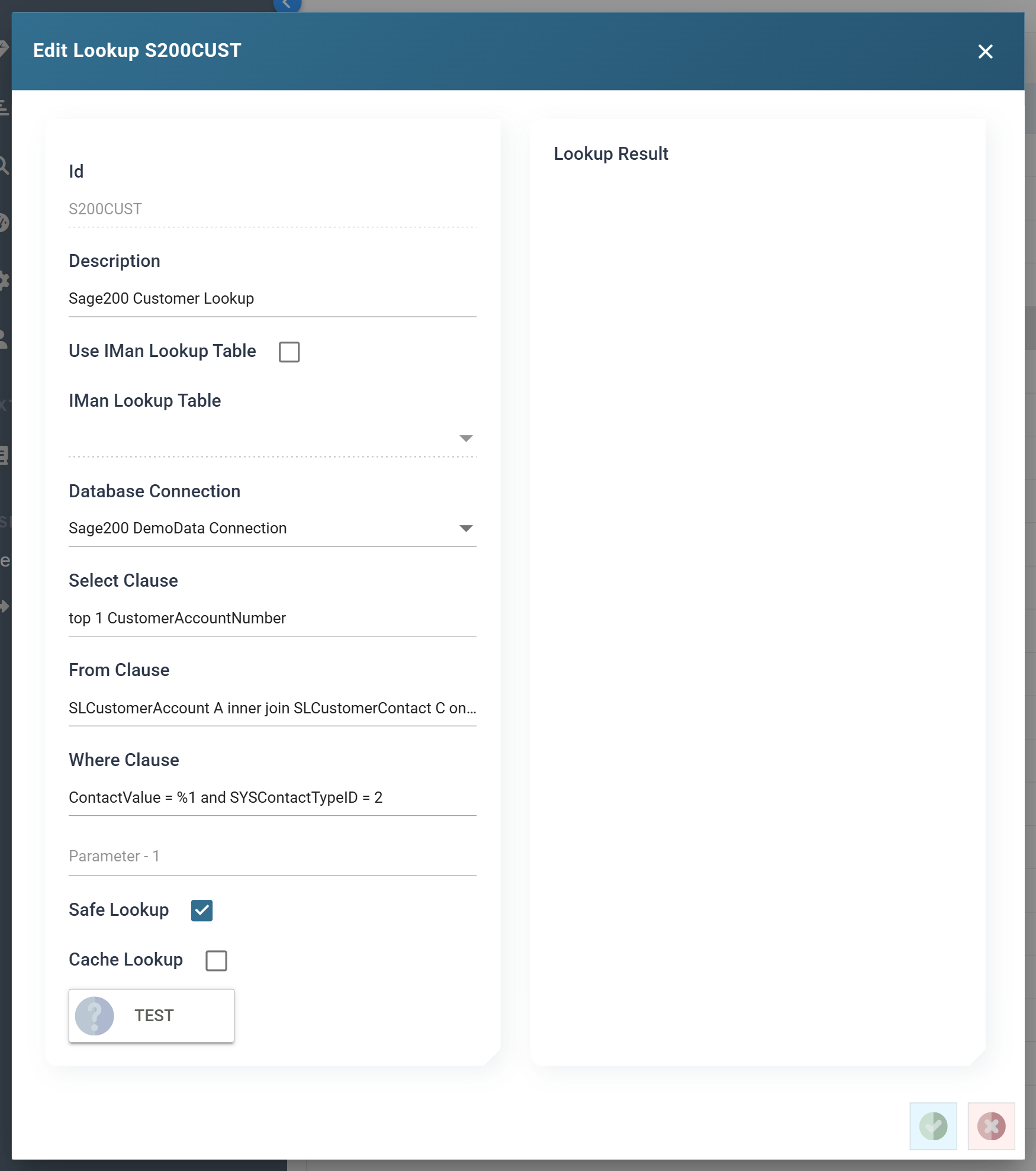 The lookup editor showing the database connection, select, from and where clauses