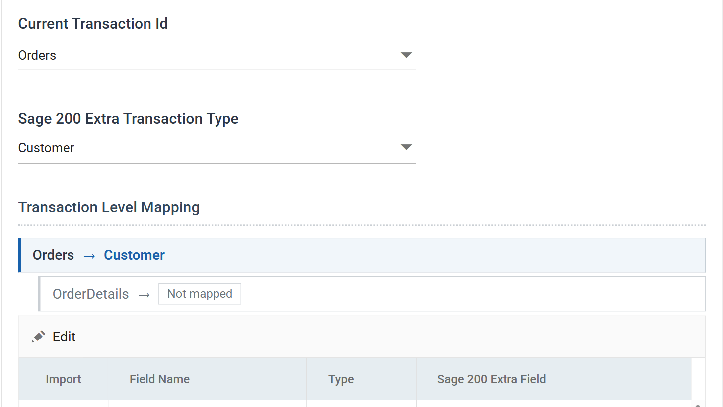 The Field Mapping tab with Orders selected, the transaction type set to Customer, and the Transaction Level Mapping panel showing Orders mapped to Customer and OrderDetails not mapped