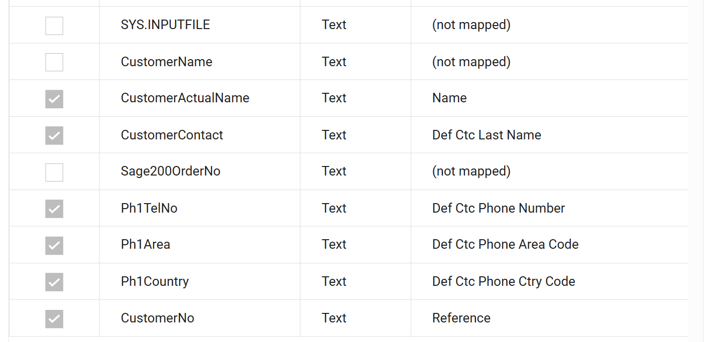 The end of the field grid, showing the Map transform's own fields mapped to Name, Def Ctc Last Name, the three phone fields and Reference