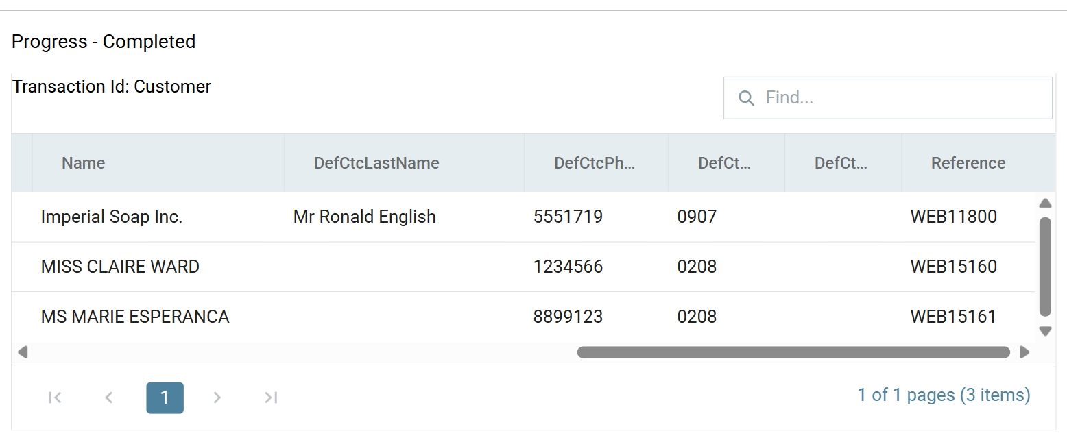 The connector preview reading Progress - Completed, with the imported Name, DefCtcLastName, phone and Reference values for the three orders