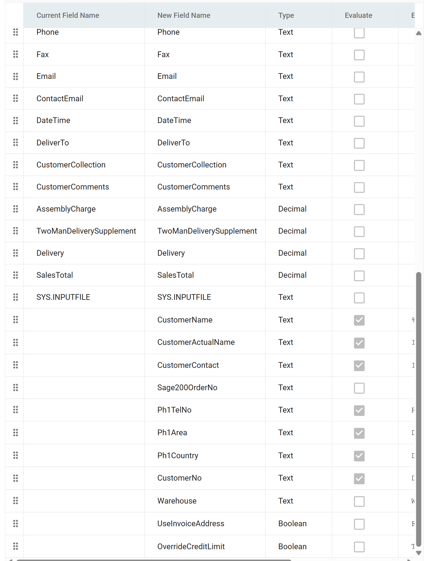 The end of the Orders field list, with Warehouse, UseInvoiceAddress and OverrideCreditLimit added below CustomerNo, showing their types