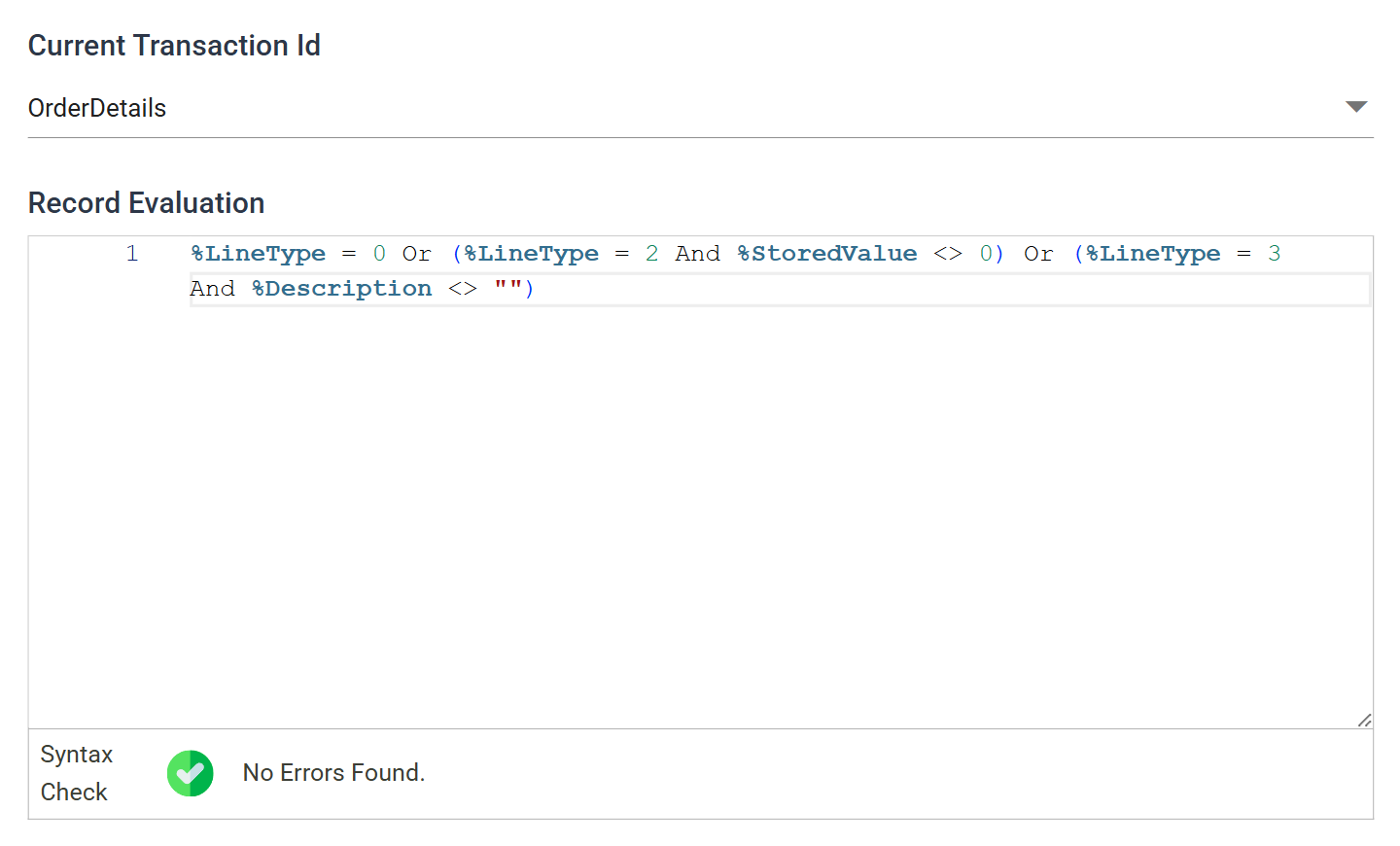 The Filter's Field Mapping tab, with OrderDetails selected, the record evaluation formula entered and the syntax check reporting No Errors Found
