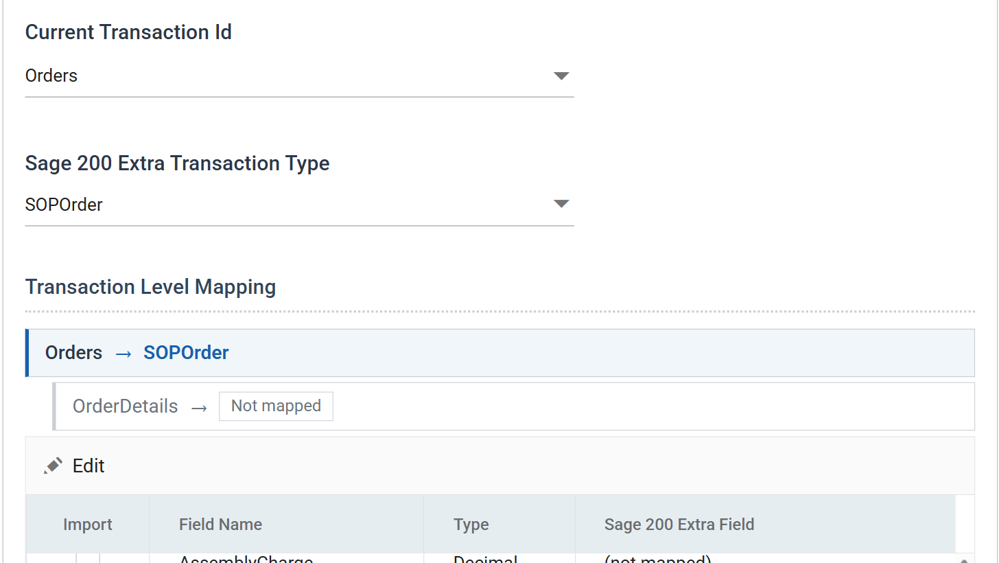 The Field Mapping tab with Orders selected and the transaction type set to SOPOrder