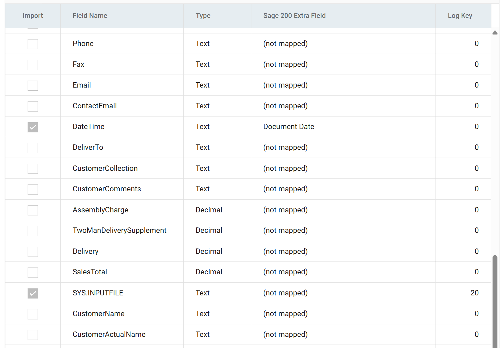 The order header field grid with the unmapped SYS.INPUTFILE field given a Log Key of 20 so that it flows through the connector without joining the Source column