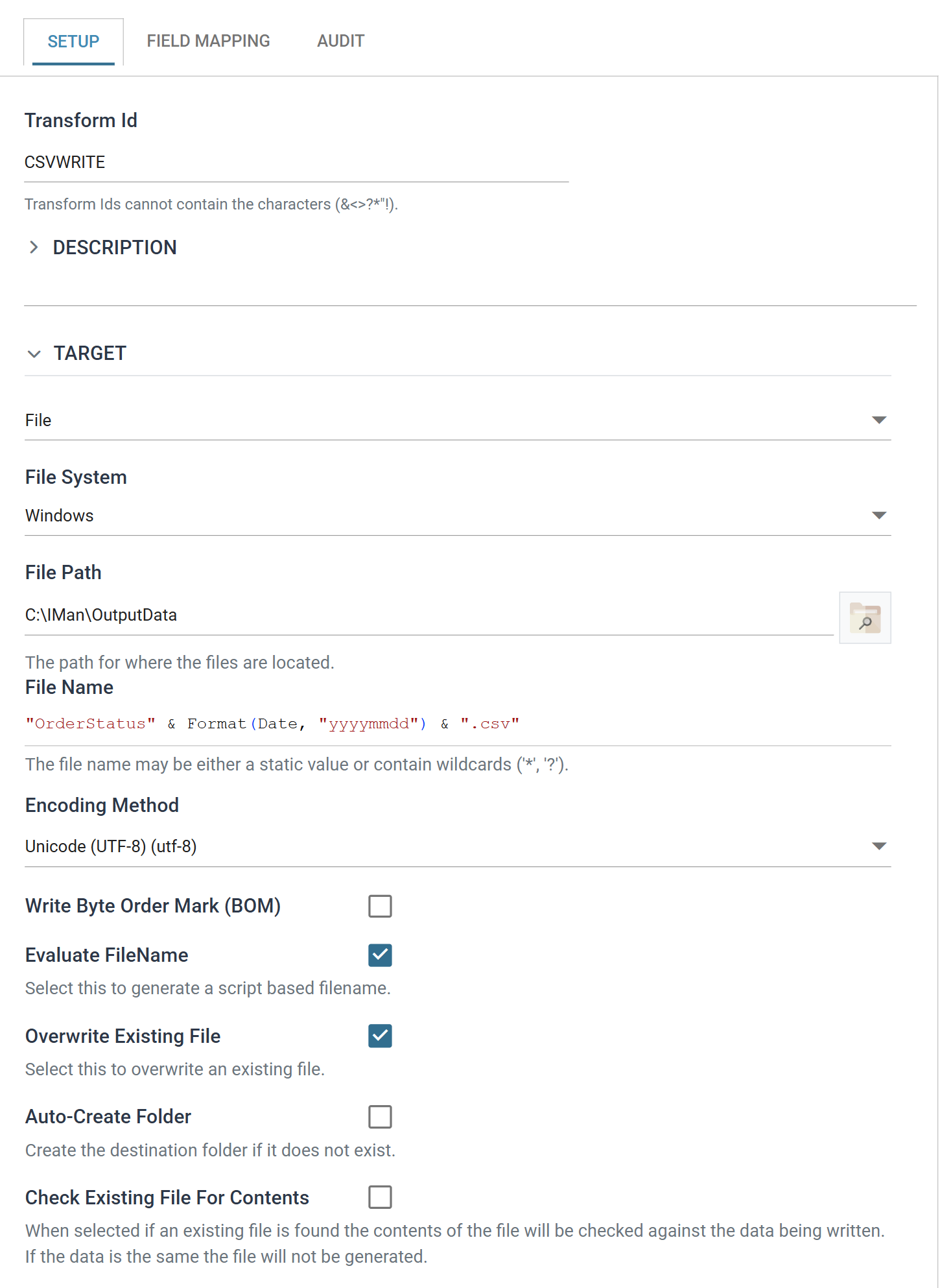 The CSV Writer's Setup tab with Transform Id CSVWRITE, the file path, the evaluated file name formula, the encoding method and the Evaluate FileName and Overwrite Existing File boxes ticked