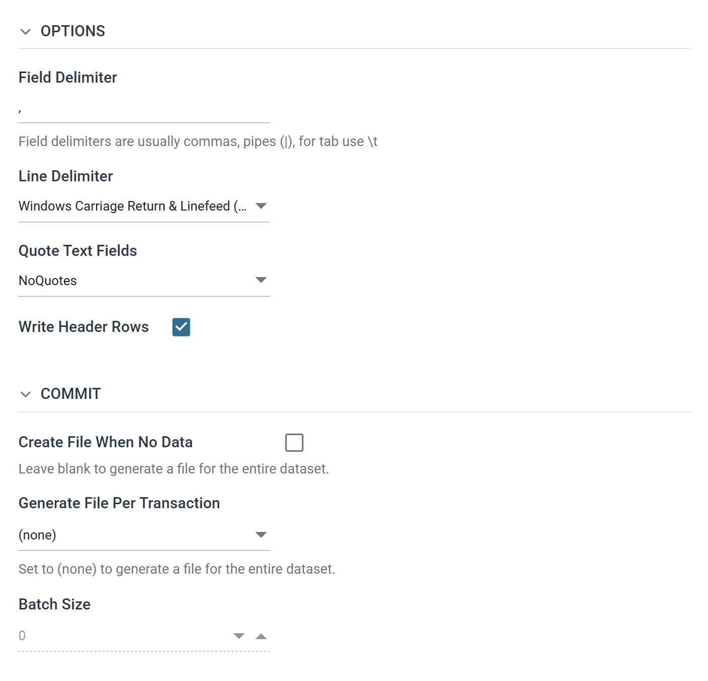 The Options and Commit sections of the CSV Writer with the field and line delimiters, Quote Text Fields set to NoQuotes and Write Header Rows ticked