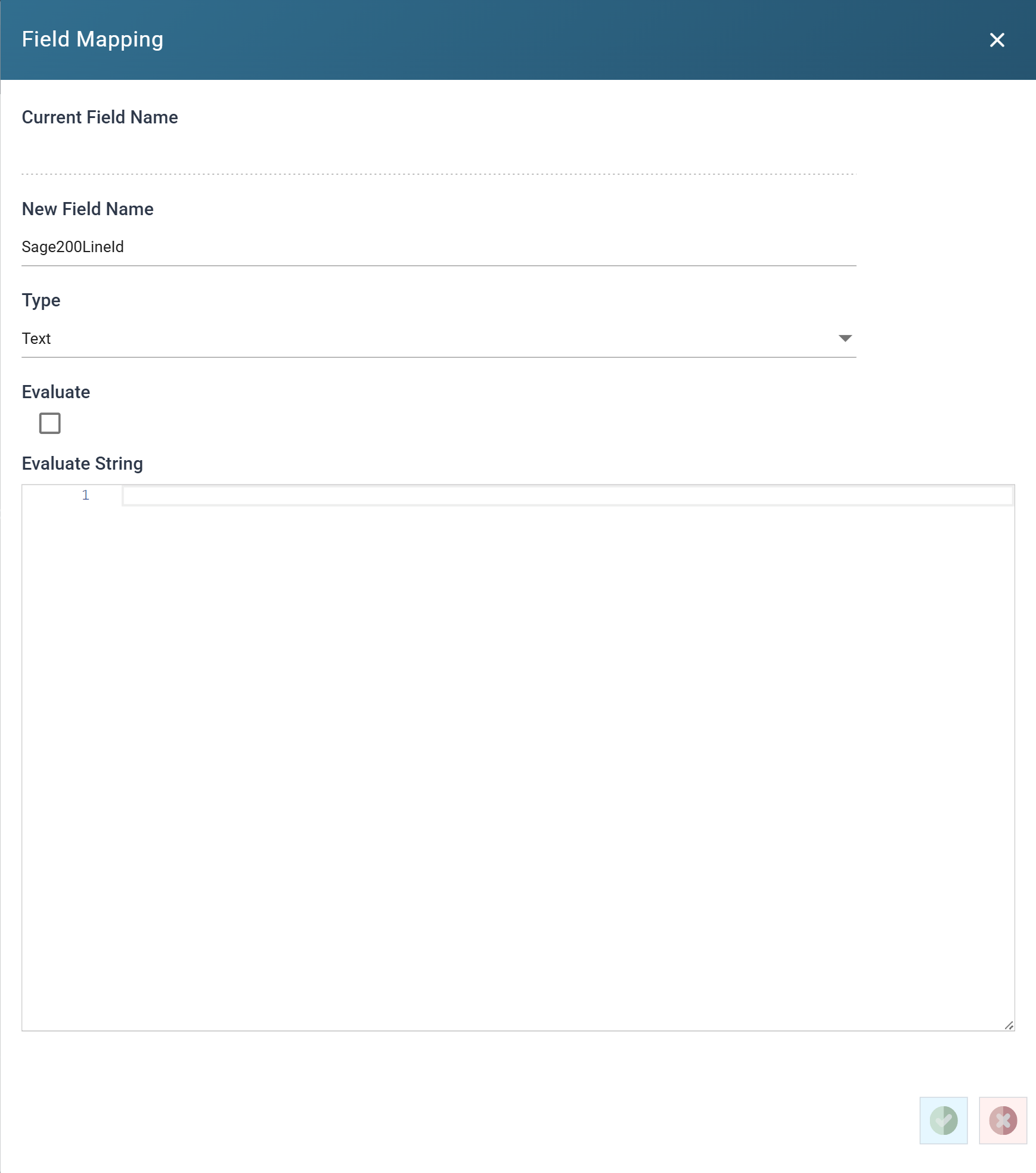 The Field Mapping dialog creating a new field called Sage200LineId, of type Text, with Evaluate unticked and no formula