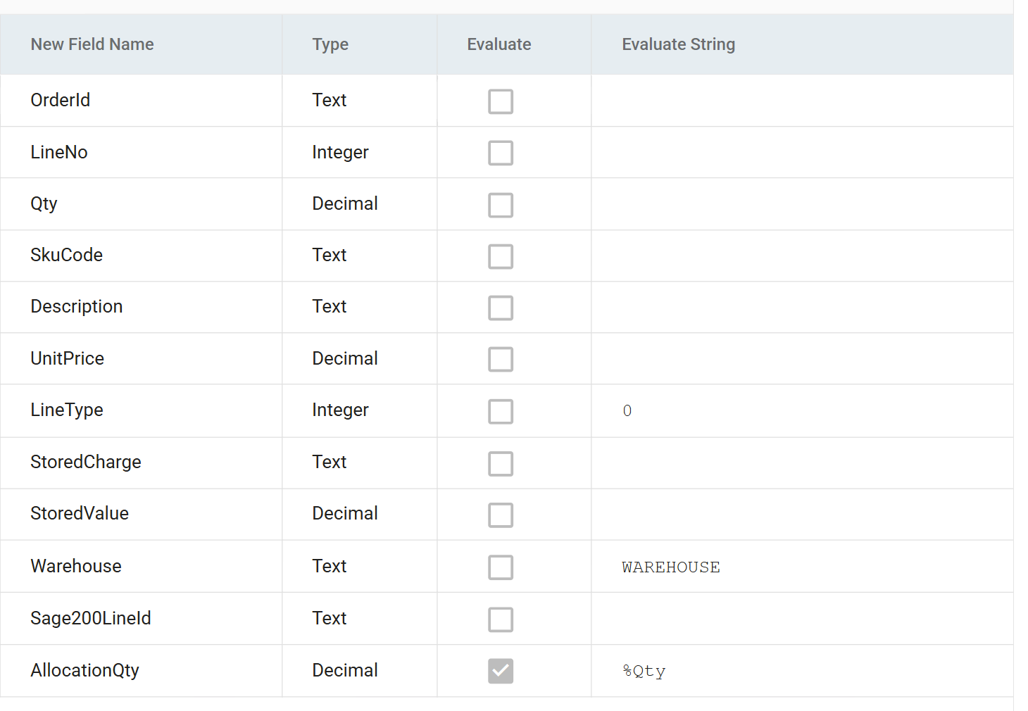 The OrderDetails field grid with Sage200LineId added as a Text field with no formula, and AllocationQty as a Decimal with Evaluate ticked and the formula %Qty
