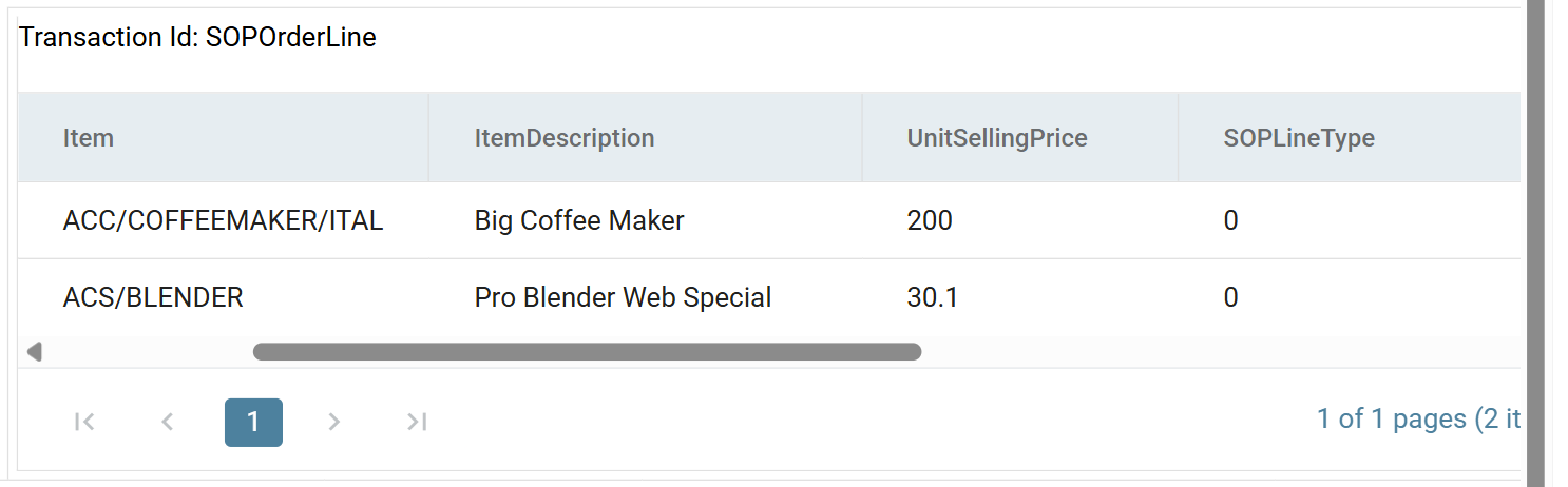 The expanded order line grid after filtering, showing two item lines with SOPLineType 0 and a row count of two