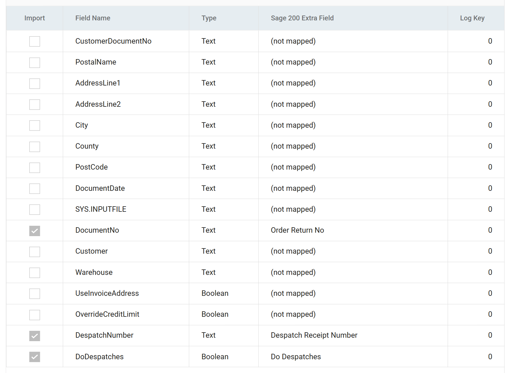 The despatch header mapping with DocumentNo mapped to Order Return No, DespatchNumber to Despatch Receipt Number and DoDespatches to Do Despatches