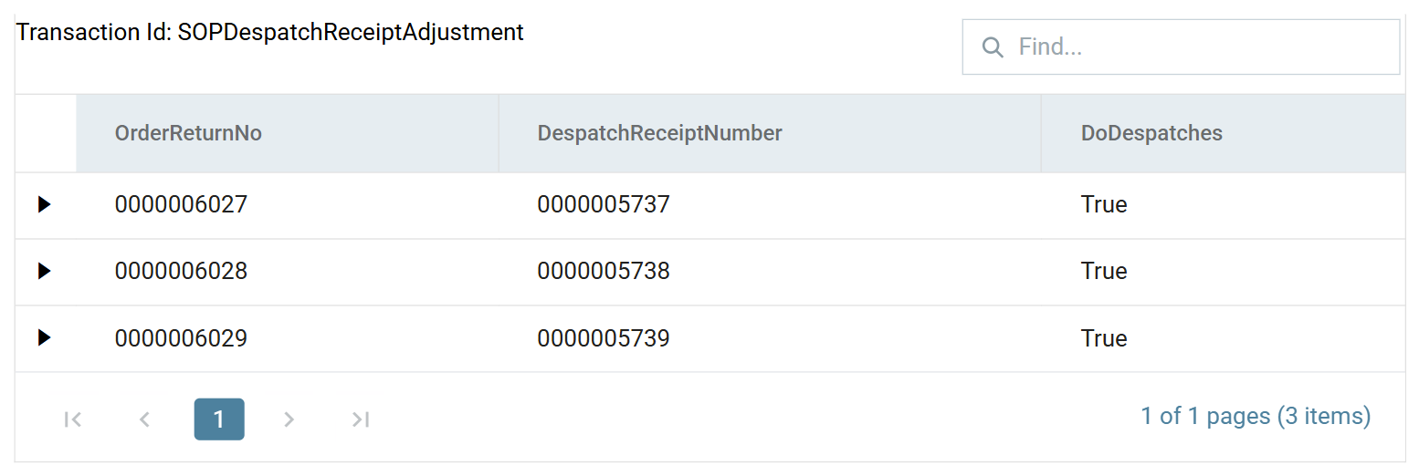 The despatch connector's preview on transaction SOPDespatchReceiptAdjustment, showing three orders each with a generated despatch receipt number and DoDespatches True