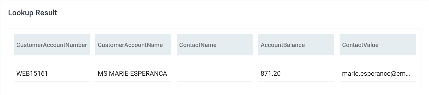 The Lookup Result grid returning one row with the customer account number, account name, an empty contact name, the account balance and the email address