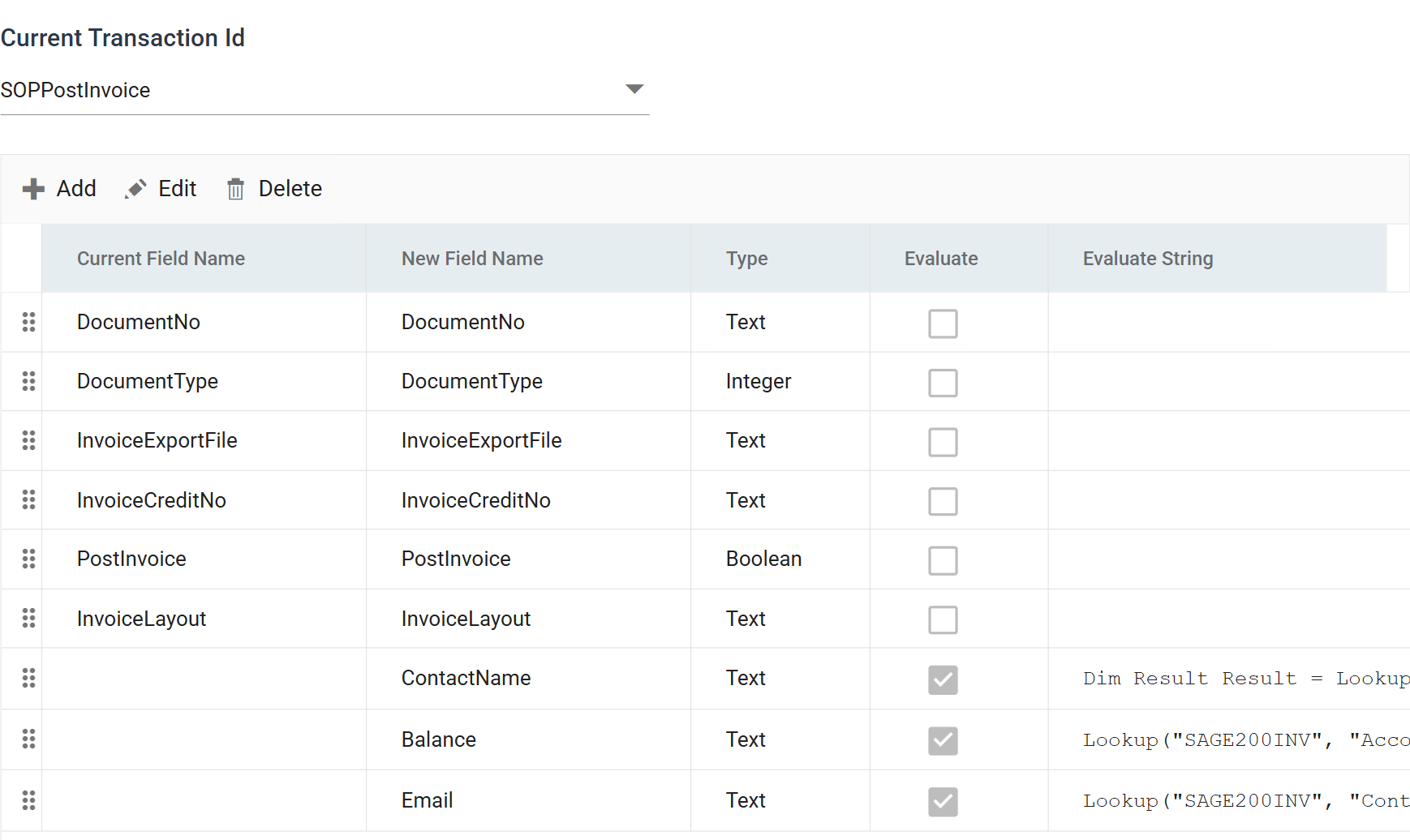 The EMAILPREP field grid on transaction SOPPostInvoice, showing the six fields the print connector emitted followed by ContactName, Balance and Email with their lookup formulas
