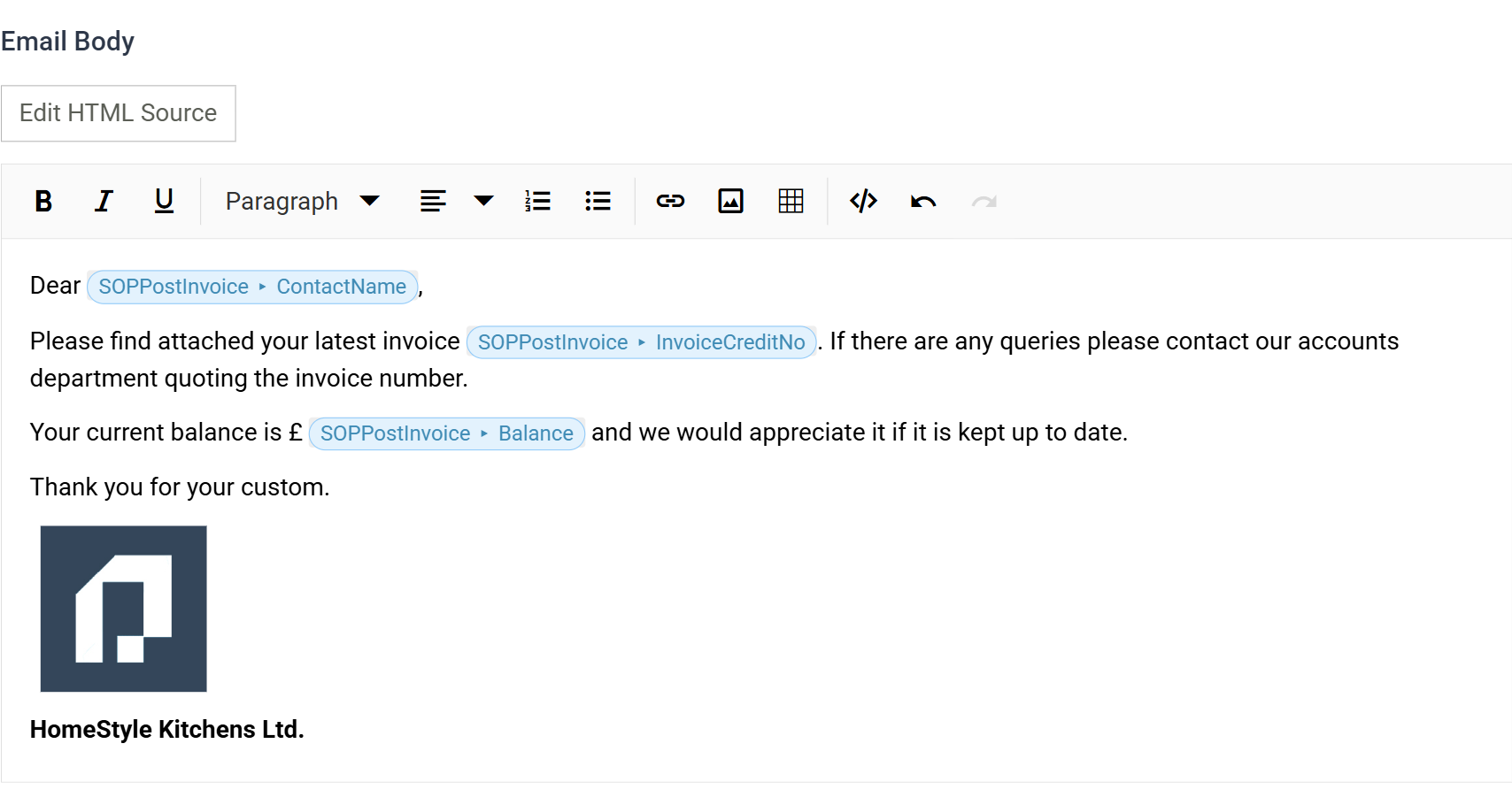 The email body in the rich text editor: three merge fields shown as blue chips, the embedded logo, and a bold HomeStyle Kitchens Ltd. sign-off