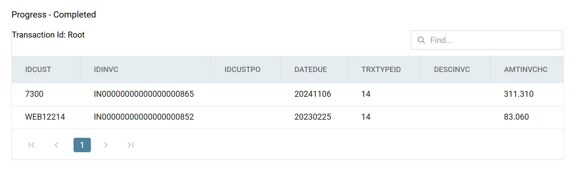 The reader's preview, showing two invoices with their IDCUST, IDINVC, DATEDUE, TRXTYPEID and AMTINVCHC values.