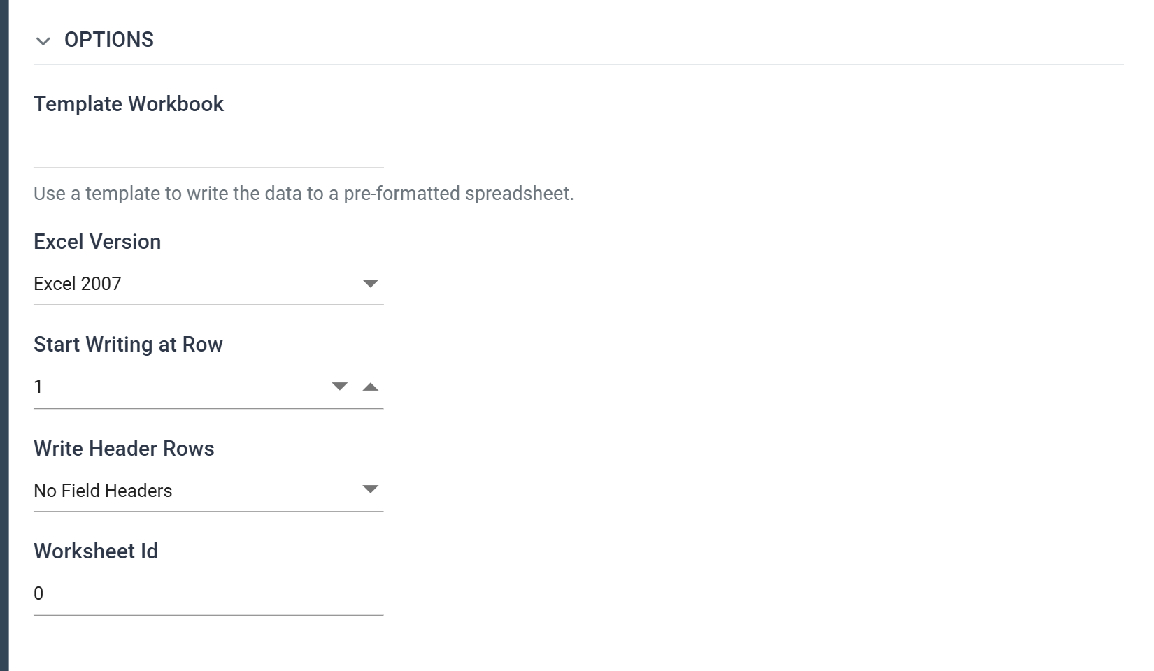 The Excel Writer Options section: no Template Workbook, Excel Version Excel 2007, Start Writing at Row 1, Write Header Rows No Field Headers and Worksheet Id 0.