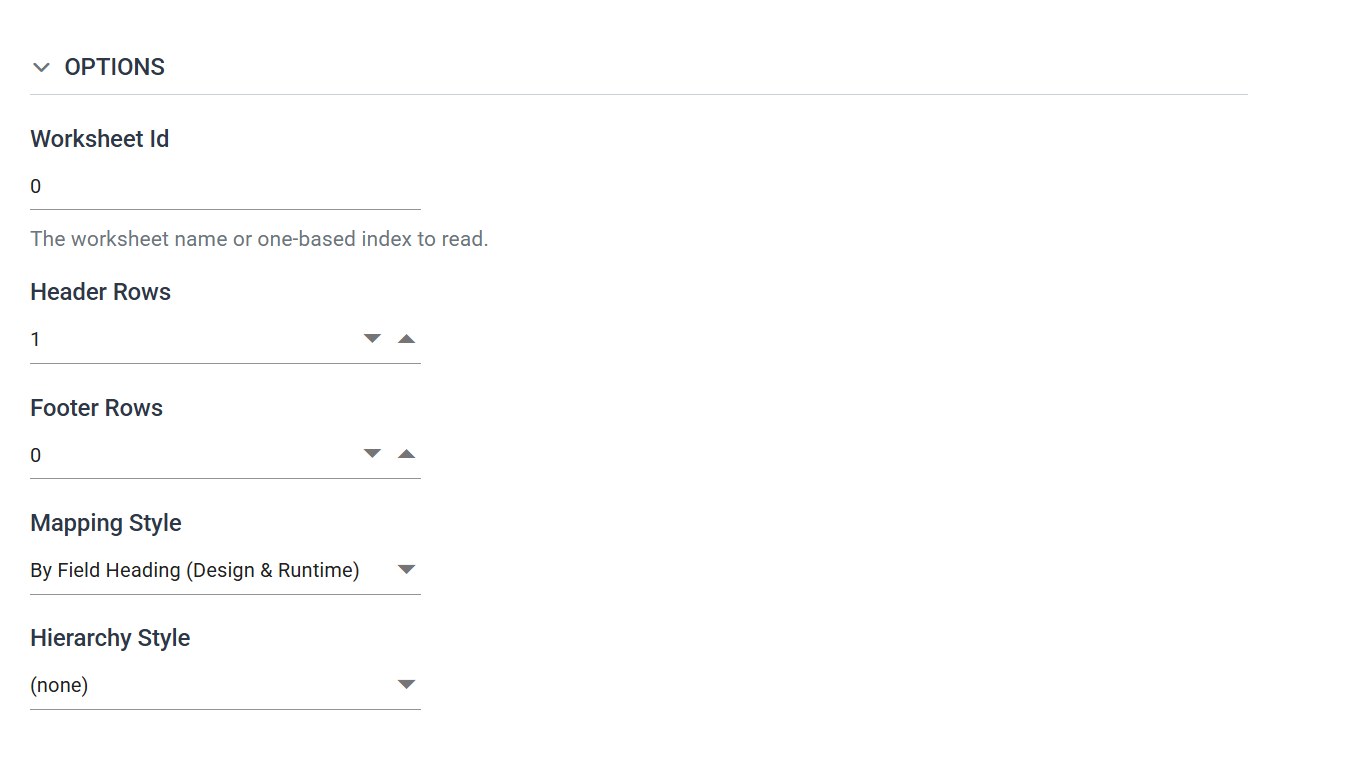 The Options section: Worksheet Id, Header Rows, Footer Rows, Mapping Style and Hierarchy Style