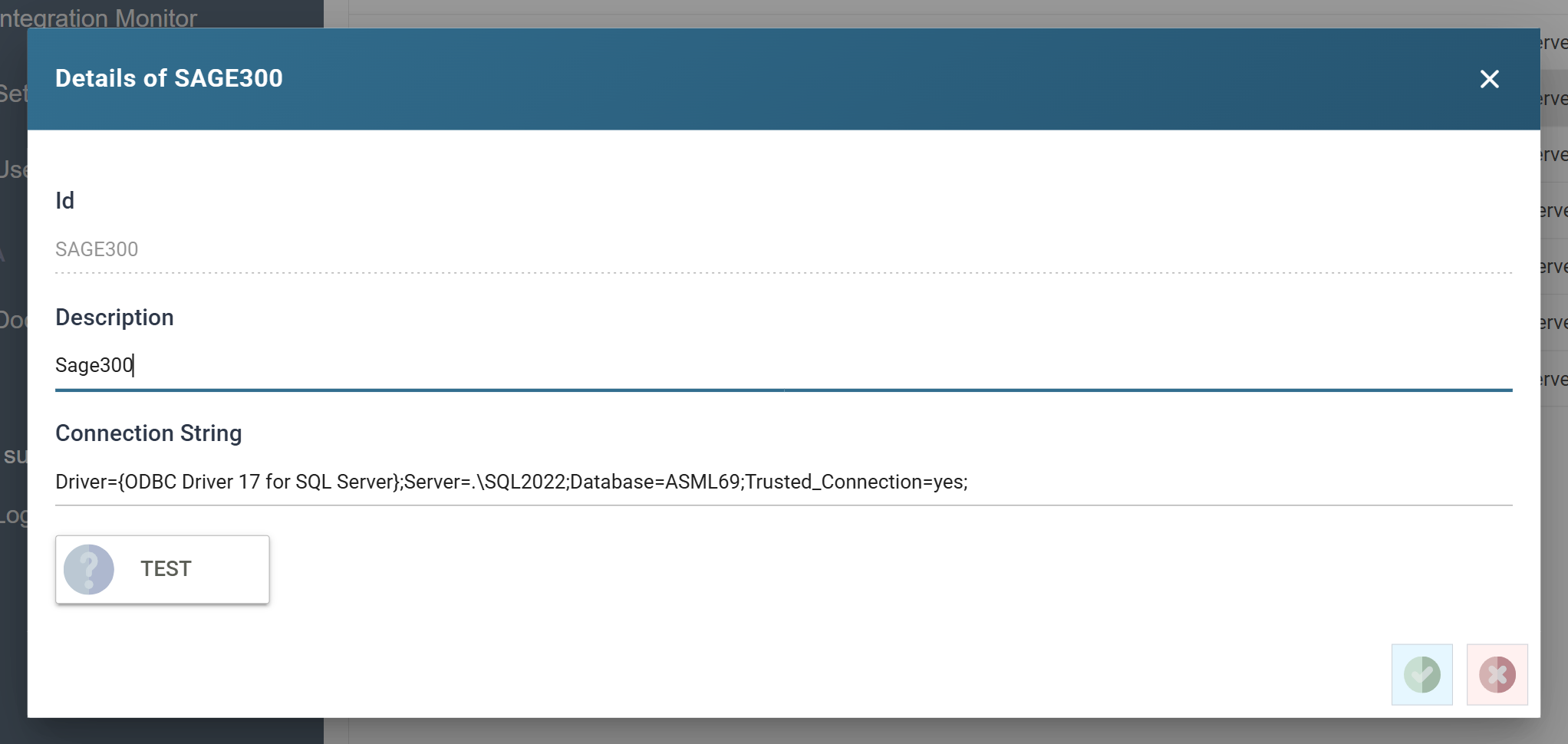 The connection editor showing the Id, Description and ODBC connection string