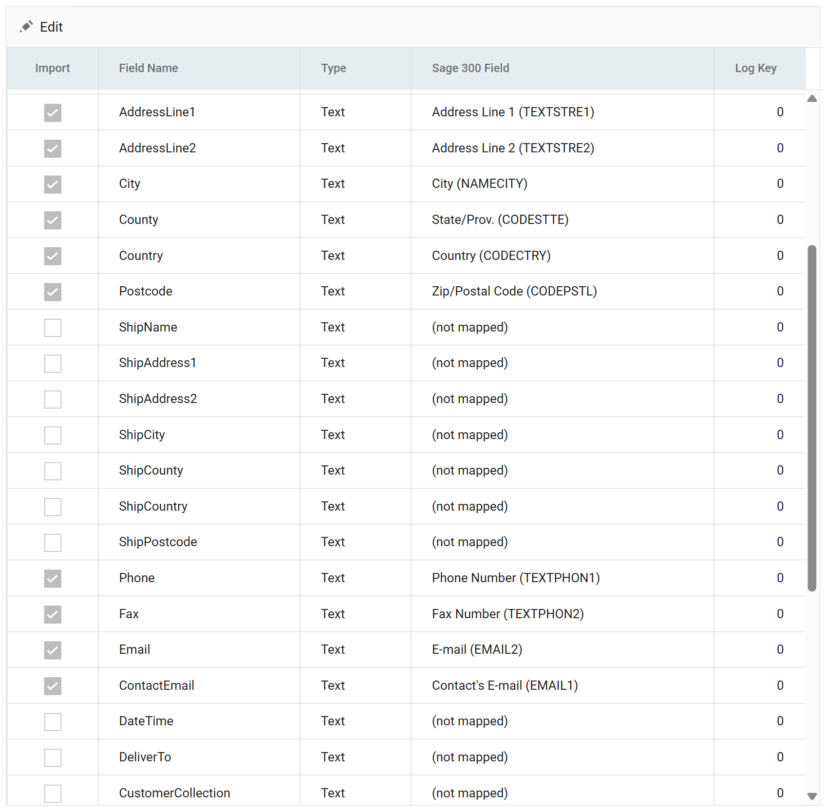 The field grid after saving, with Import ticked and a Sage 300 field set on the mapped rows and (not mapped) on the rest