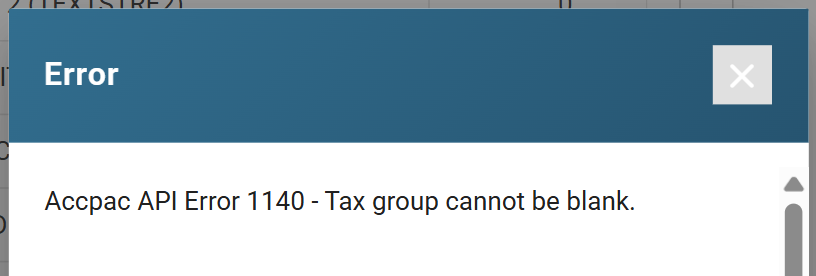 An error dialog reading Accpac API Error 1140 - Tax group cannot be blank