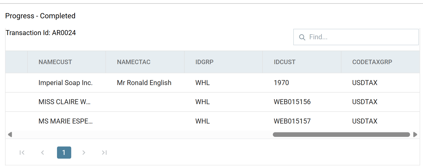 The connector preview reading Progress - Completed, with the imported NAMECUST, IDGRP, IDCUST and CODETAXGRP values