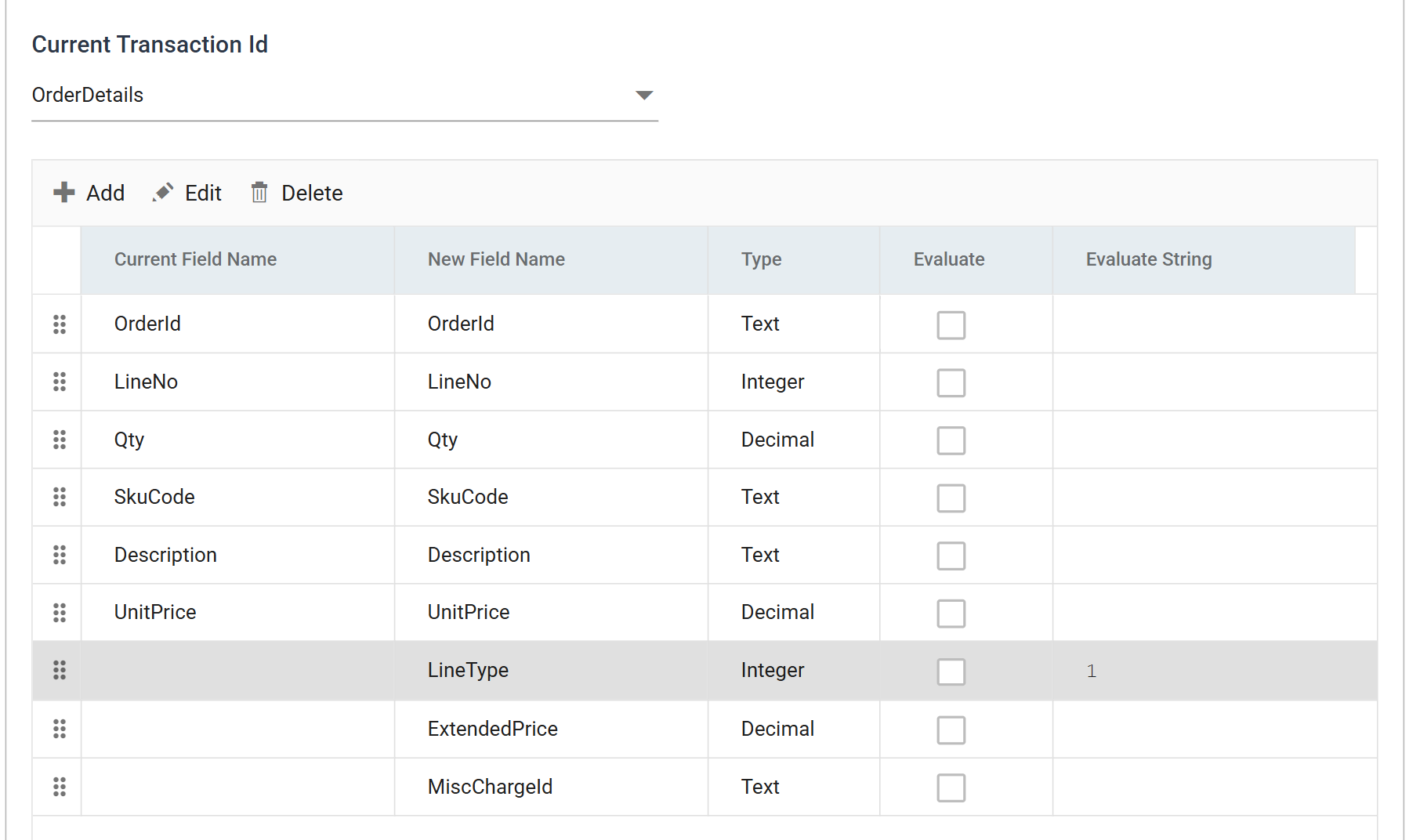 The OrderDetails field list showing LineType, ExtendedPrice and MiscChargeId added after UnitPrice, with their types and LineType's Evaluate String of 1