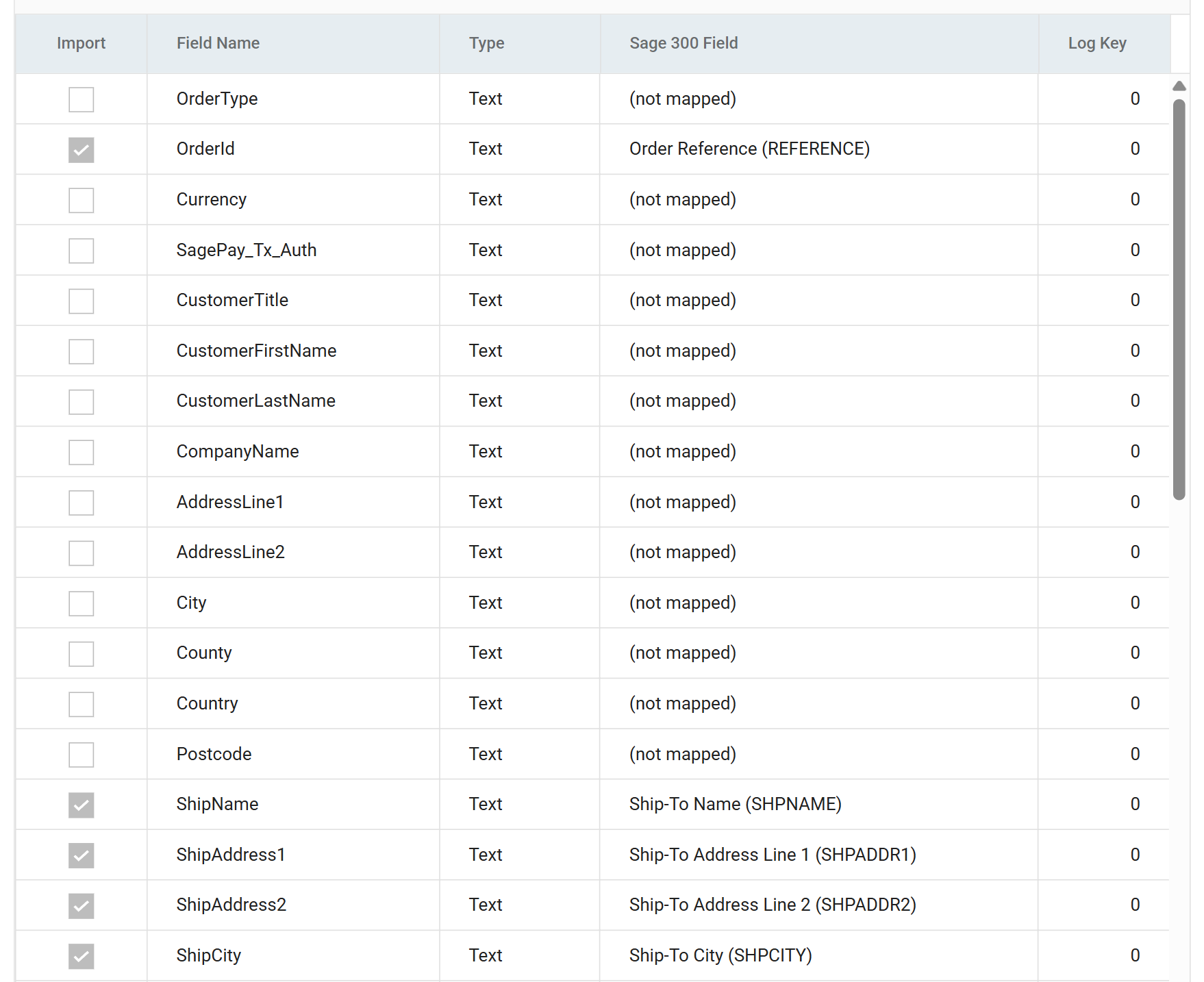 The order header field grid after saving, with Import ticked and a Sage 300 field set on the mapped rows and (not mapped) on the rest
