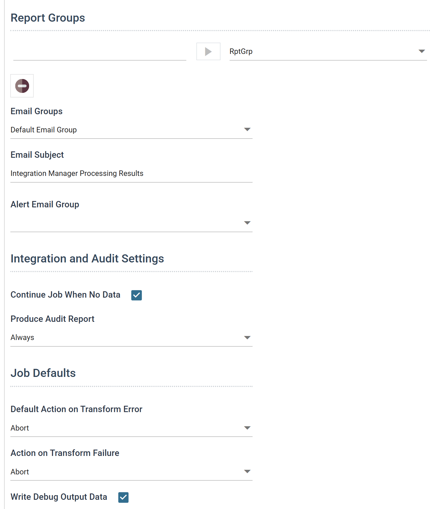 The integration's Audit tab showing the Report Groups panel with RptGrp, the Email Groups and Email Subject fields, Integration and Audit Settings with Produce Audit Report set to Always, and the Job Defaults section