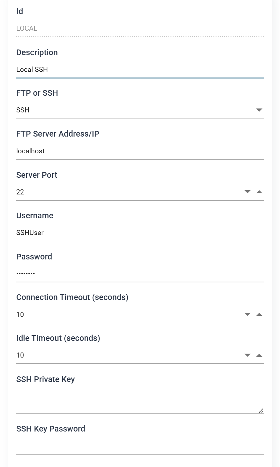 The FTP server record for LOCAL, with FTP or SSH set to SSH, the address, port 22, the username and a masked password