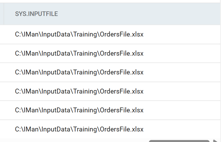 The Excel Reader preview scrolled to its last column, SYS.INPUTFILE, showing the full path of the workbook against all six rows