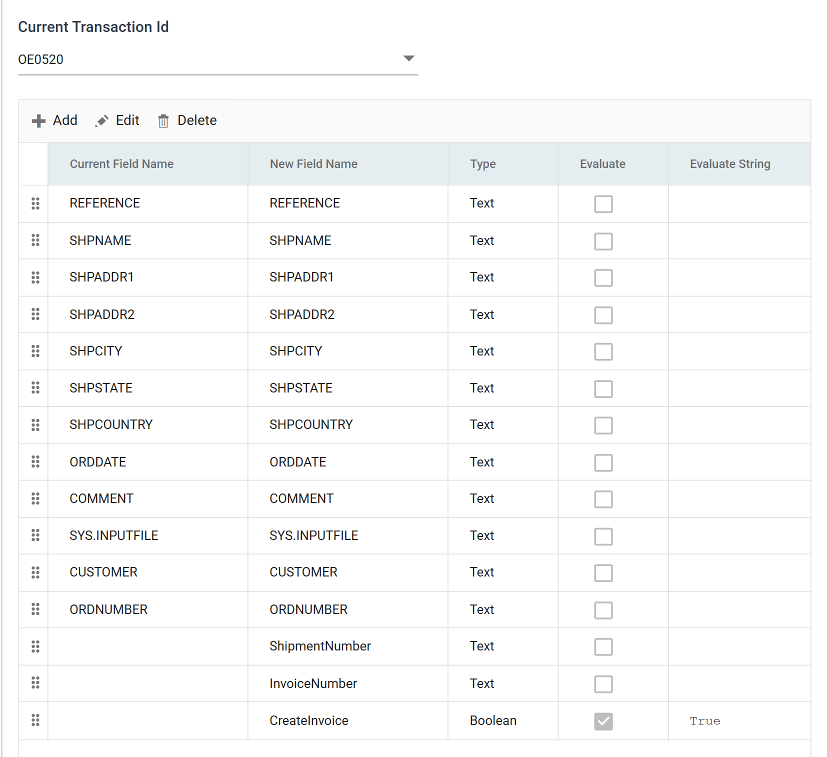 The POSTORDERMAP field grid on transaction OE0520, showing the twelve inherited Sage 300 fields followed by ShipmentNumber, InvoiceNumber and CreateInvoice