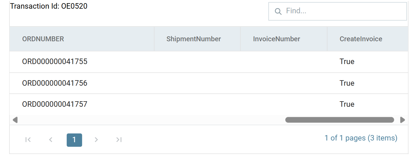The POSTORDERMAP preview showing ORDNUMBER populated with three order numbers, ShipmentNumber and InvoiceNumber empty, and CreateInvoice True